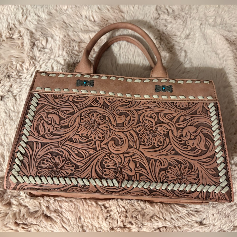 Elegant Brown Floral Embossed Handbag